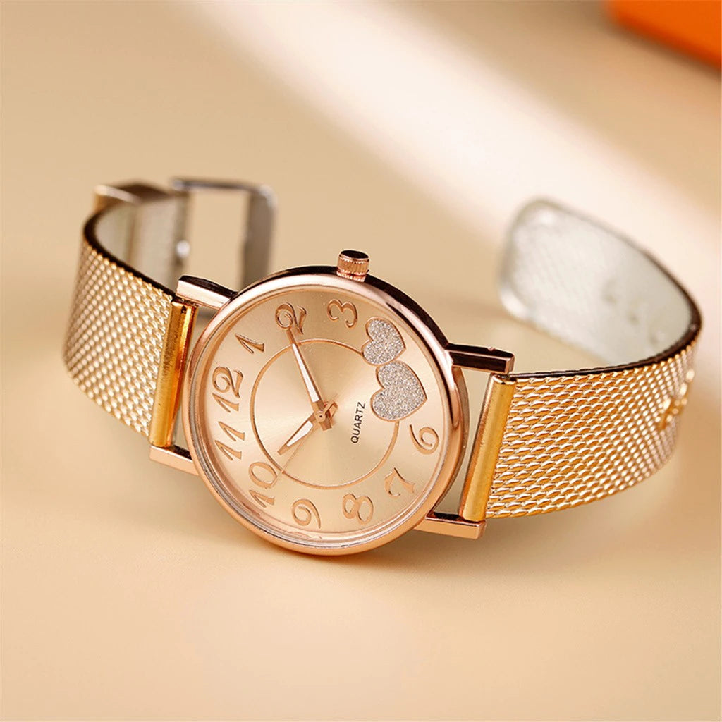 "Timeless Elegance: Unisex Heart Dial Watch in Luxurious Gold & Silver with Mesh Strap - the Perfect Choice for 2022"