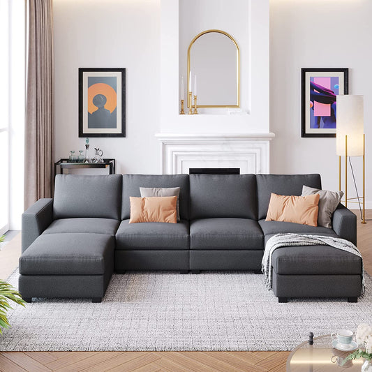 "Modern and Versatile 131" U-Shape Sectional Sofa Set with Ottoman and Stylish Wide Arms - Elegant Gray Finish!"