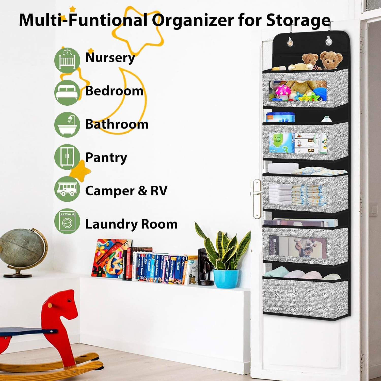 "Maximize Your Space with Our 5-Pocket Over-The-Door Organizer: Easy Access, Clear Windows, and Stylish Grey Design!"