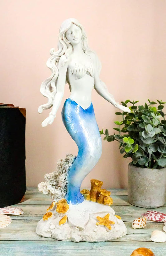 "Enchanting Oceanic Capiz Standing Mermaid Statue: Captivating Blue & White Gradient Nautical Decor"