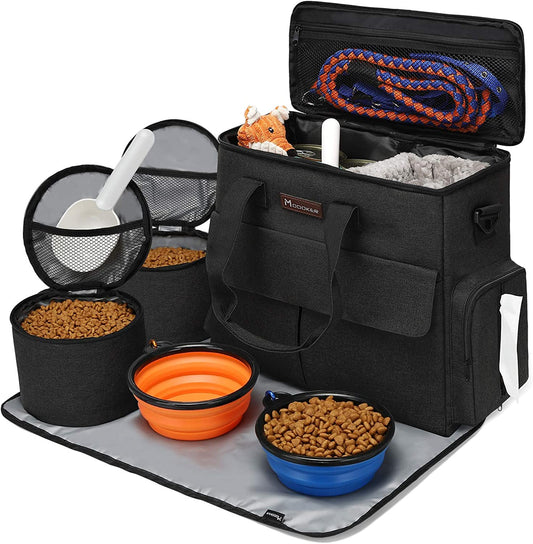 "Adventure-Ready Dog Travel Kit: Stay Organized with Bowls, Containers, and More!"