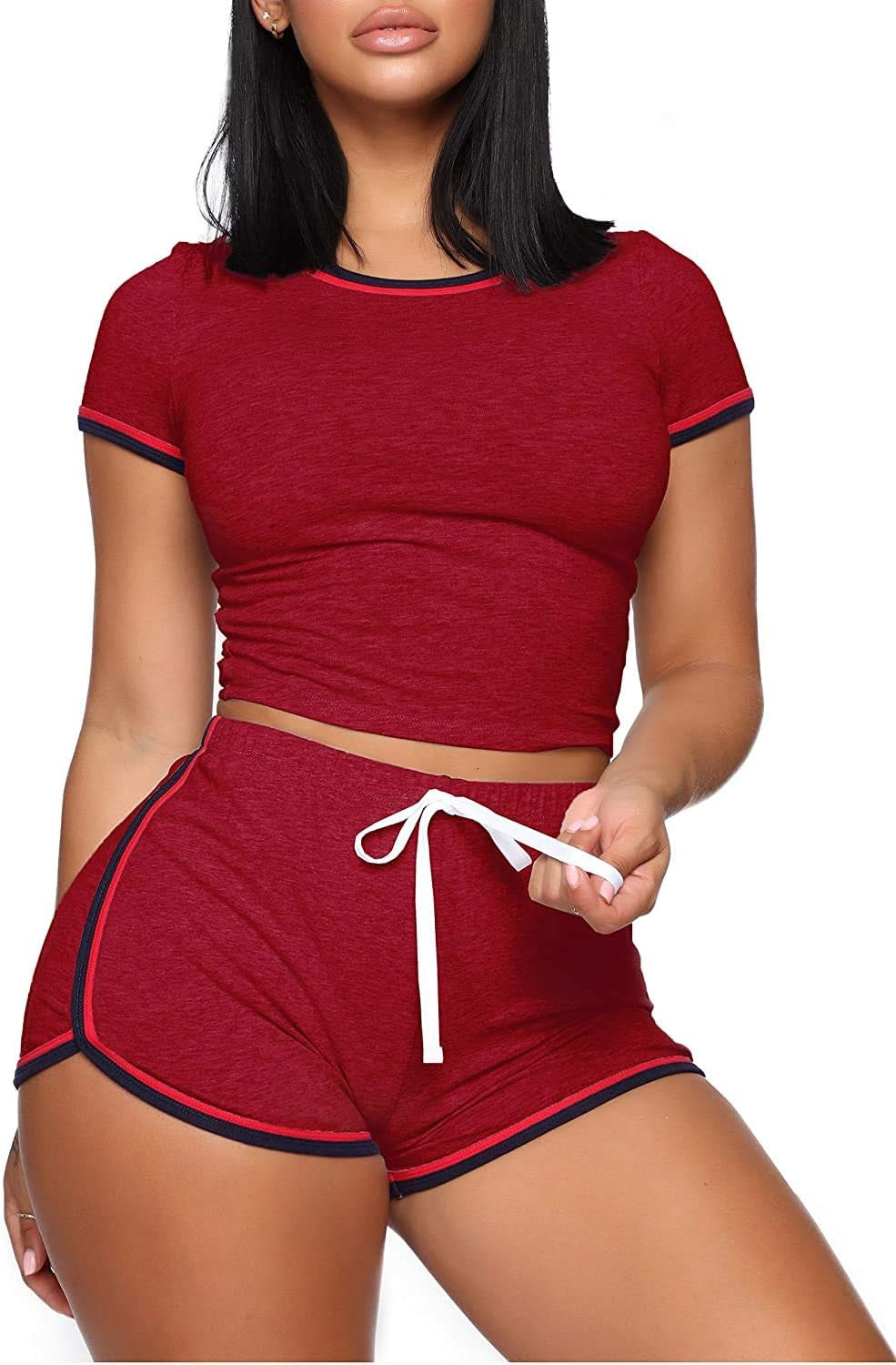 "Stylish Biker Shorts Set for Women - Trendy Crop Tops + Skinny Shorts Tracksuit in Medium Wine Red"