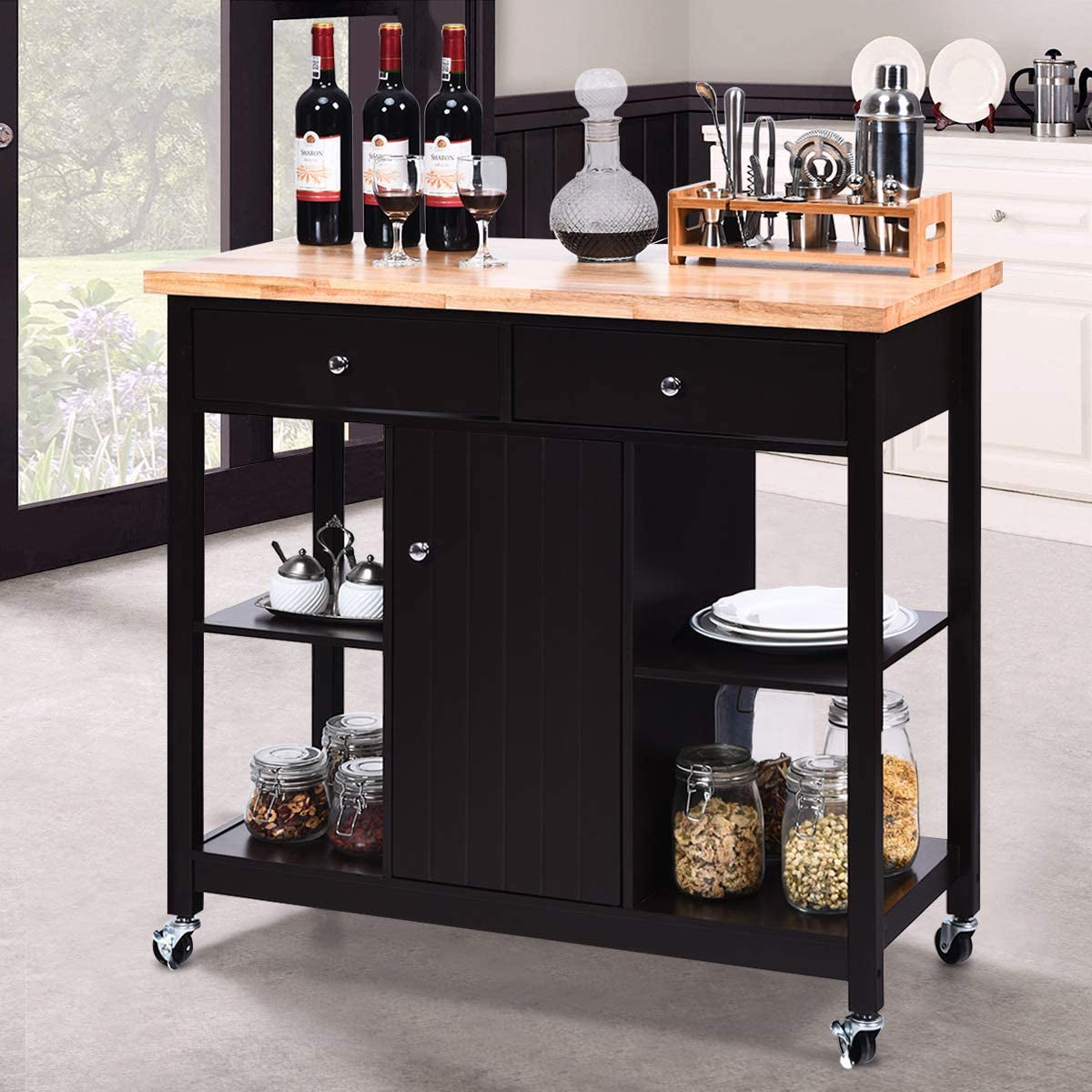 "Organize and Elevate Your Kitchen with Our Stylish Multifunctional Rolling Cart - Brown: Ample Storage, Convenient Drawers, Wine Rack, Shelves, and Glass Holder"