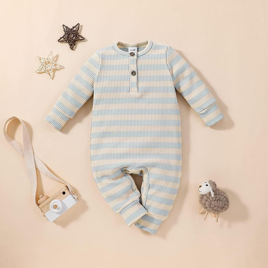 "Adorable Autumn Baby Romper: Stylish Horizontal Stripes, Long Sleeve, and Easy Bottom Button Closure!"