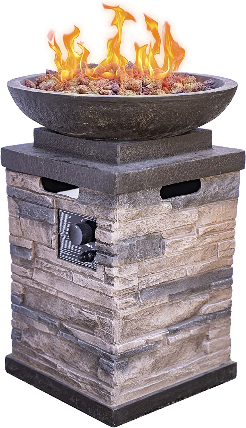 "Create a Cozy and Elegant Outdoor Ambiance with the Newcastle Propane Firebowl Column - Realistic Look Firepit Heater with Lava Rock, 40,000 BTU - Perfect for Outdoor Gatherings - Natural Stone Design - Pack of 1"