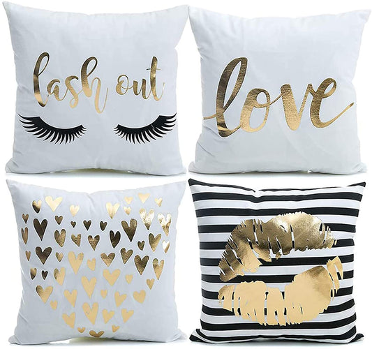 "Luxurious Gold Foil Eyelashes and Lips Love Pillow Covers - Set of 4 | Super Soft and Stylish Decorative Cushion Covers for Sofa, Chair, Car, and Bed | 18 X 18 Inches | Perfect for Adding Elegance and Glamour to Your Home Décor | Color: White"