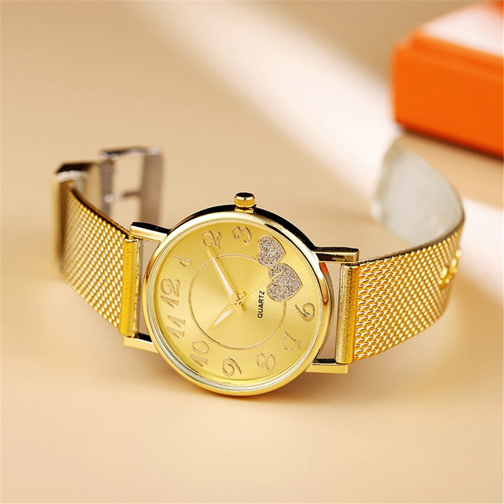 "Timeless Elegance: Unisex Heart Dial Watch in Luxurious Gold & Silver with Mesh Strap - the Perfect Choice for 2022"