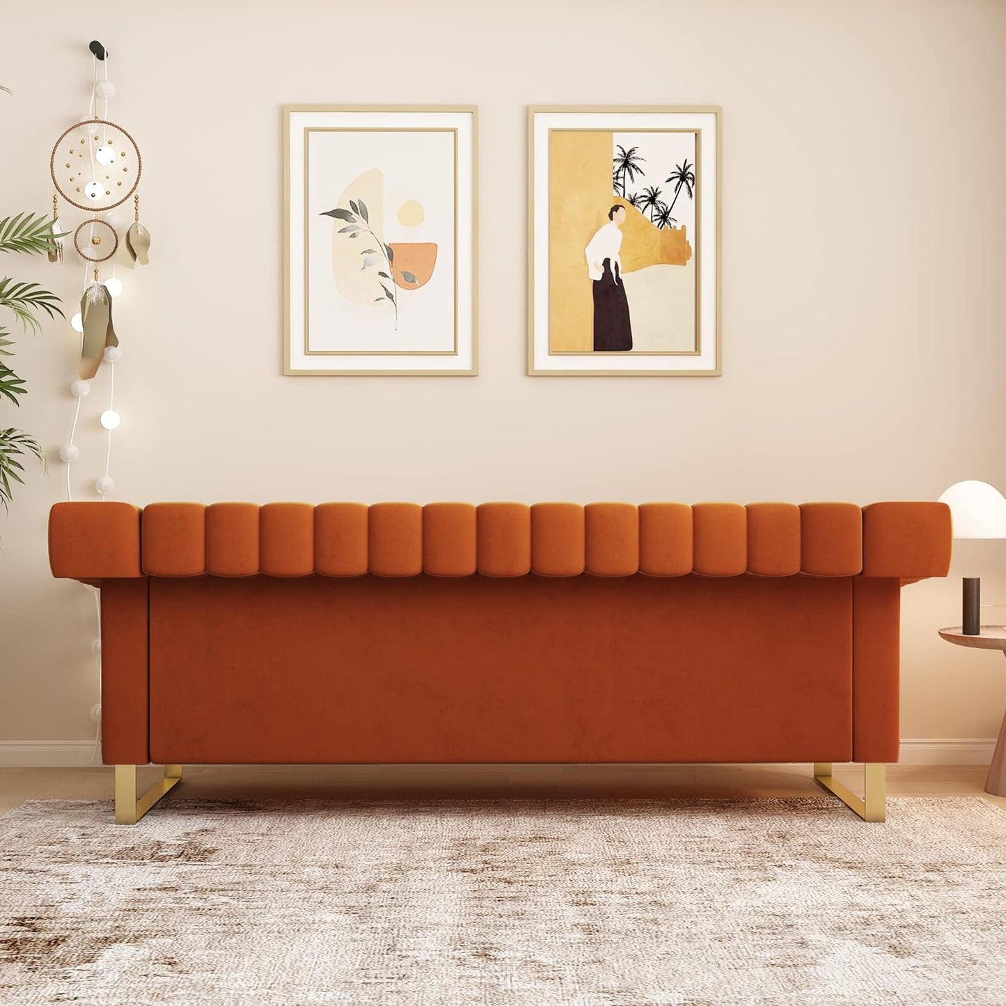 "Luxurious Velvet Chesterfield Sofa: Elegant Flair, Plush Removable Cushions, Opulent Gold Legs - Timeless Mid Century Tufted Design in Beautiful Beige"