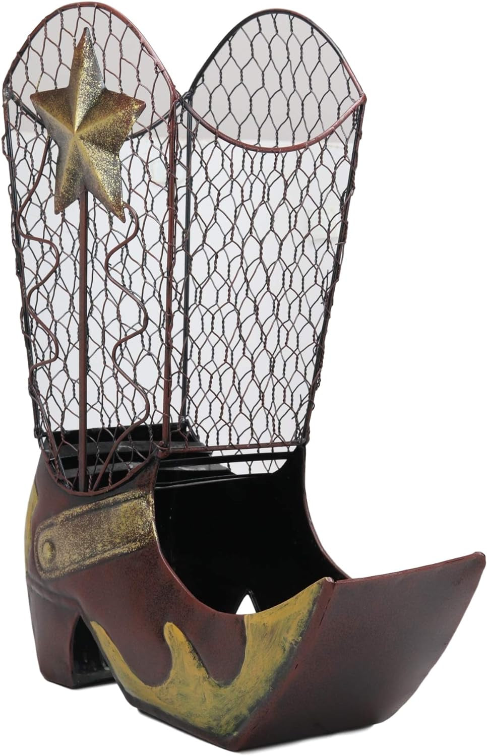 "Western Cowboy Boot Wine Bottle Holder: Handcrafted Rustic Texas Star Design, 14" Tall Steel Figurine - Perfect for Wine Lovers!"