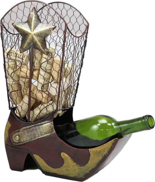 "Western Cowboy Boot Wine Bottle Holder: Handcrafted Rustic Texas Star Design, 14" Tall Steel Figurine - Perfect for Wine Lovers!"