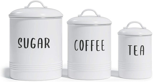 "Charming Vintage Farmhouse Kitchen Canister Set - Rustic White Metal Canisters, Set of 3"